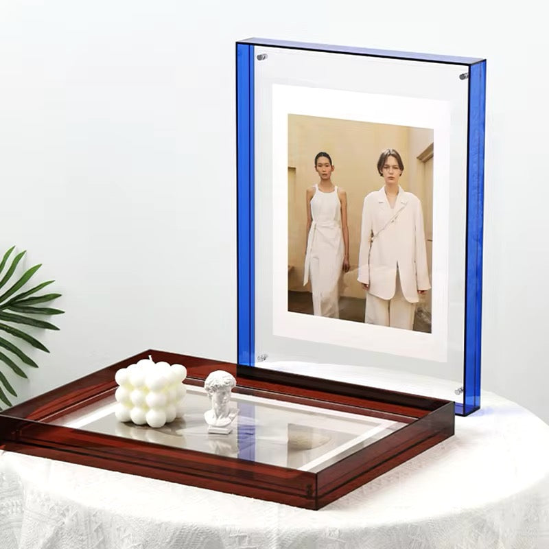 Modern wall decor with acrylic photo frame in a living room