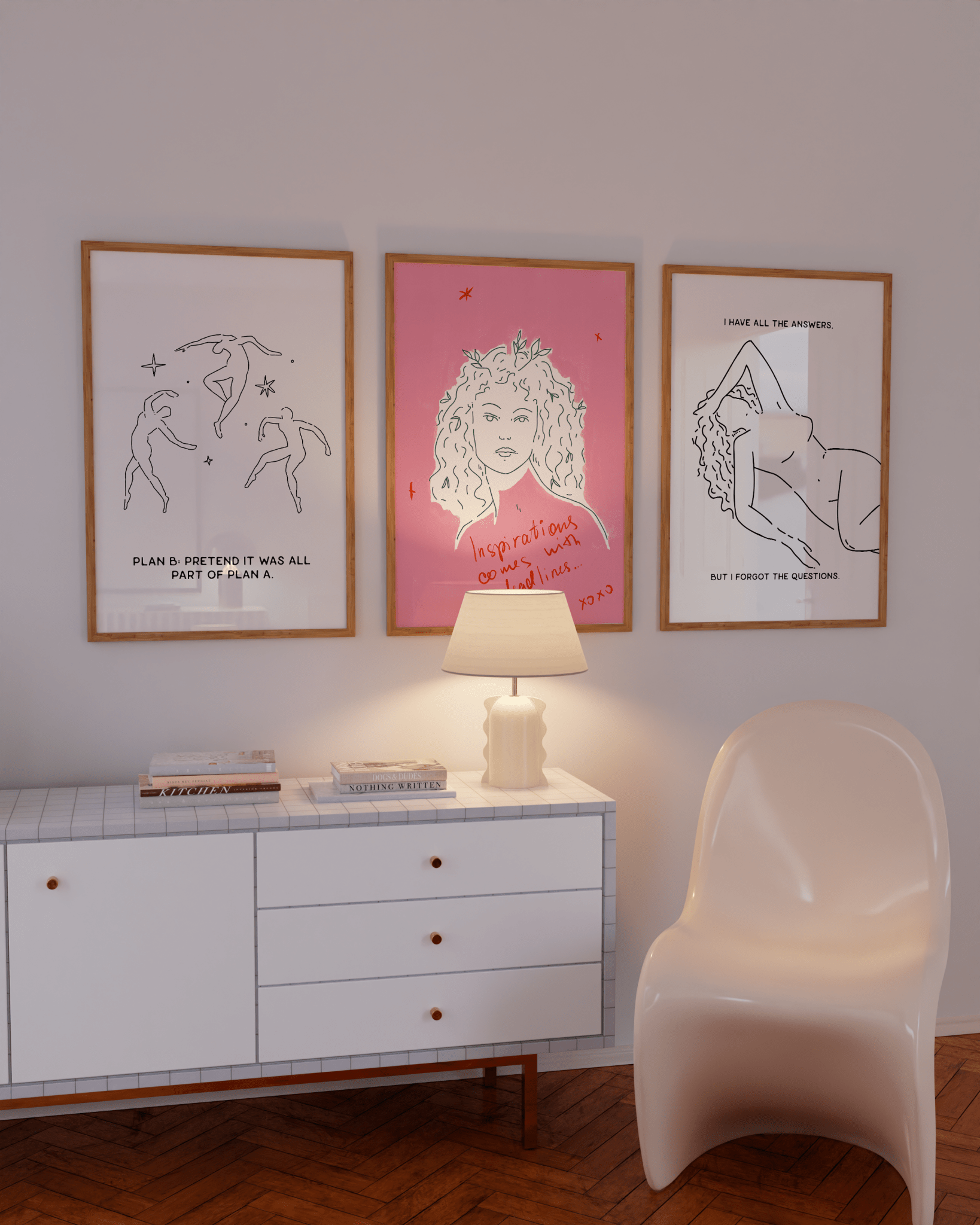 Pink motivational poster with female line art and quote