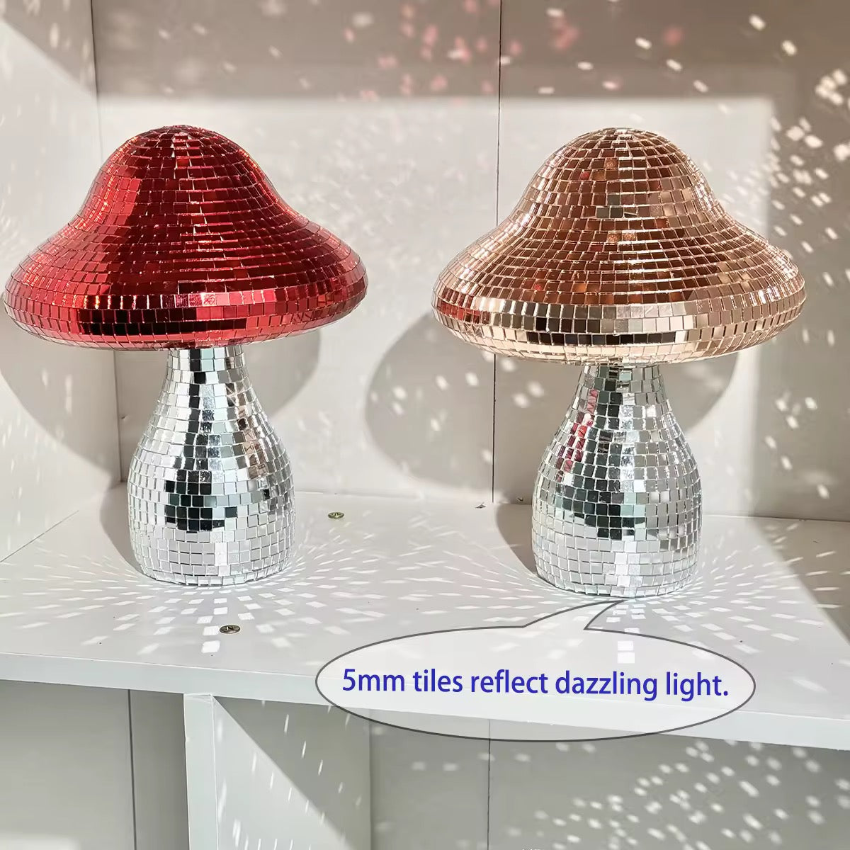 Close-up of mushroom mirrorball reflecting colorful sparkles