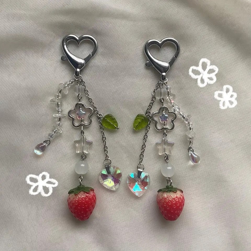 Strawberry keychain and phone charm with coquette design