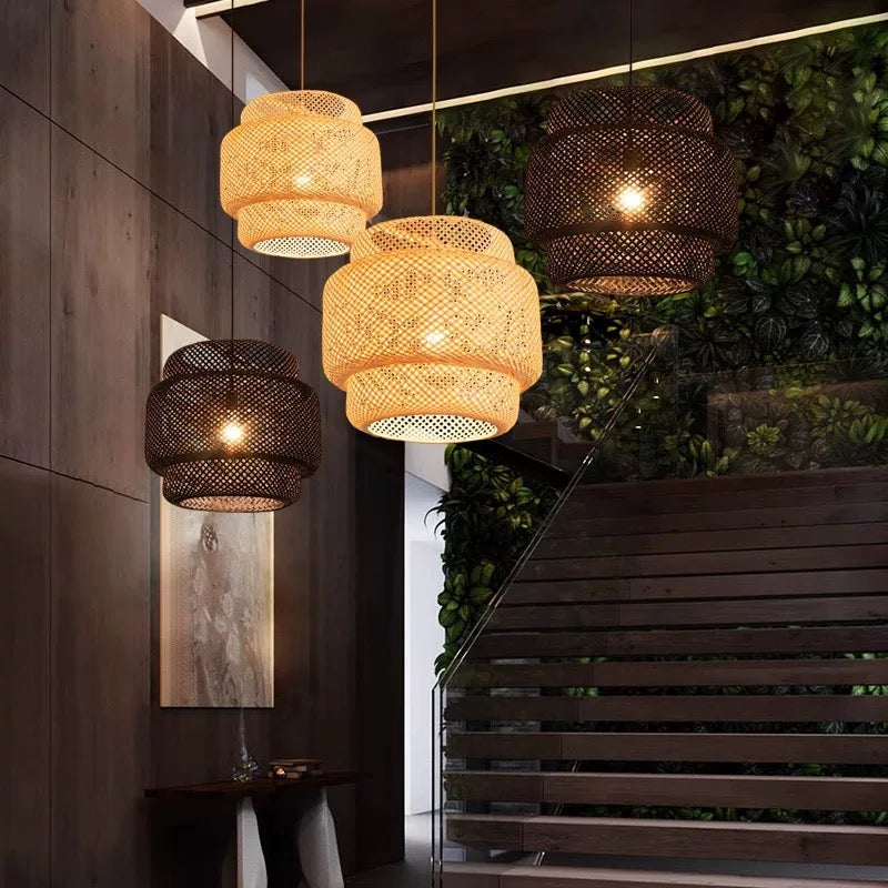 Eco-friendly bamboo wicker chandelier for Scandinavian dining room lighting.