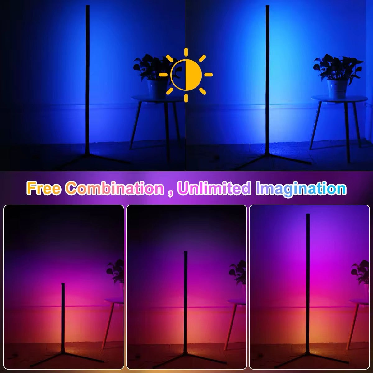 Modern corner floor lamp with adjustable RGB settings