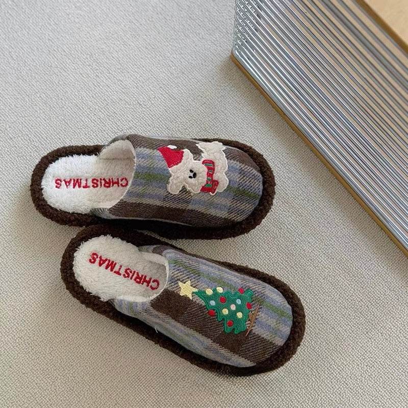 Plaid Christmas house slippers shown from above with plush lining and EVA soles