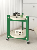 Minimalist rolling coffee table with slide-out shelf in green