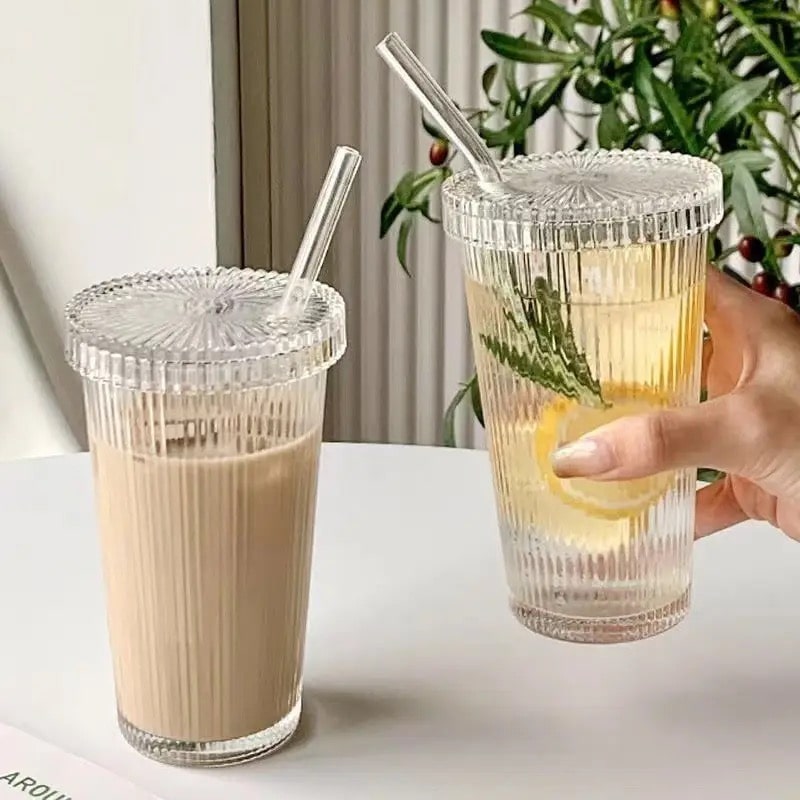 Nordic ribbed glass tumbler with lid, ideal for iced coffee