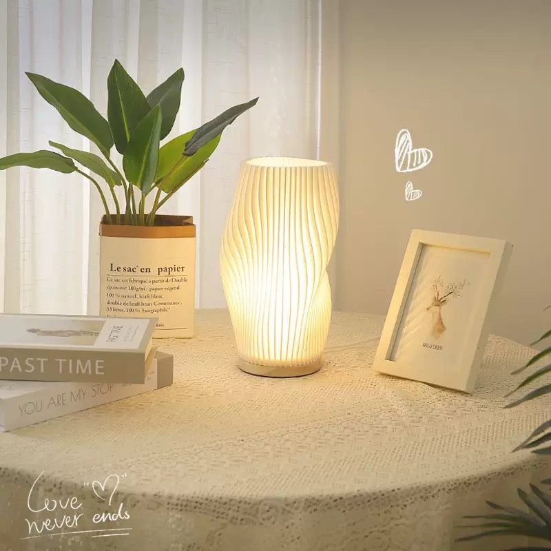 3D printed PLA lampshade desk lamp with striped design and touch control. USB charging bedside lamp with wooden holder for bedrooms.