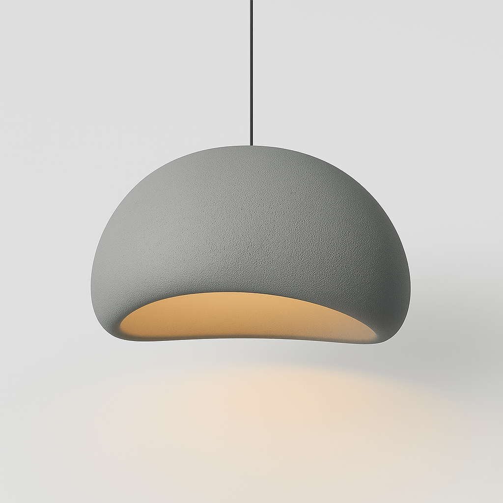 Modern Nordic Wabi Sabi LED pendant light hanging over a round table in a minimalist room