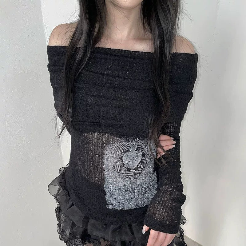 Harajuku aesthetic Y2K off shoulder slim fit shirt