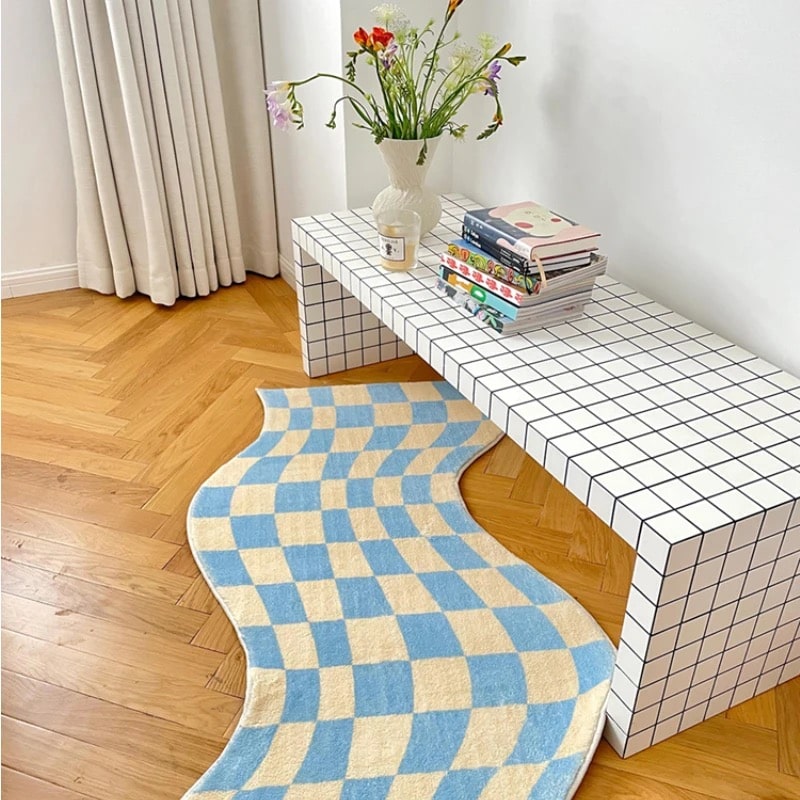 Blue Checked Rug Curvy Edge Pastel Checker Rug - Danish Pastel Decor Carpet