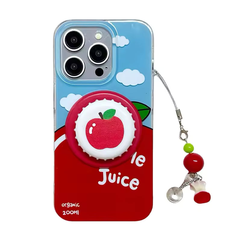 Phone case with apple juice design and charm on a white background