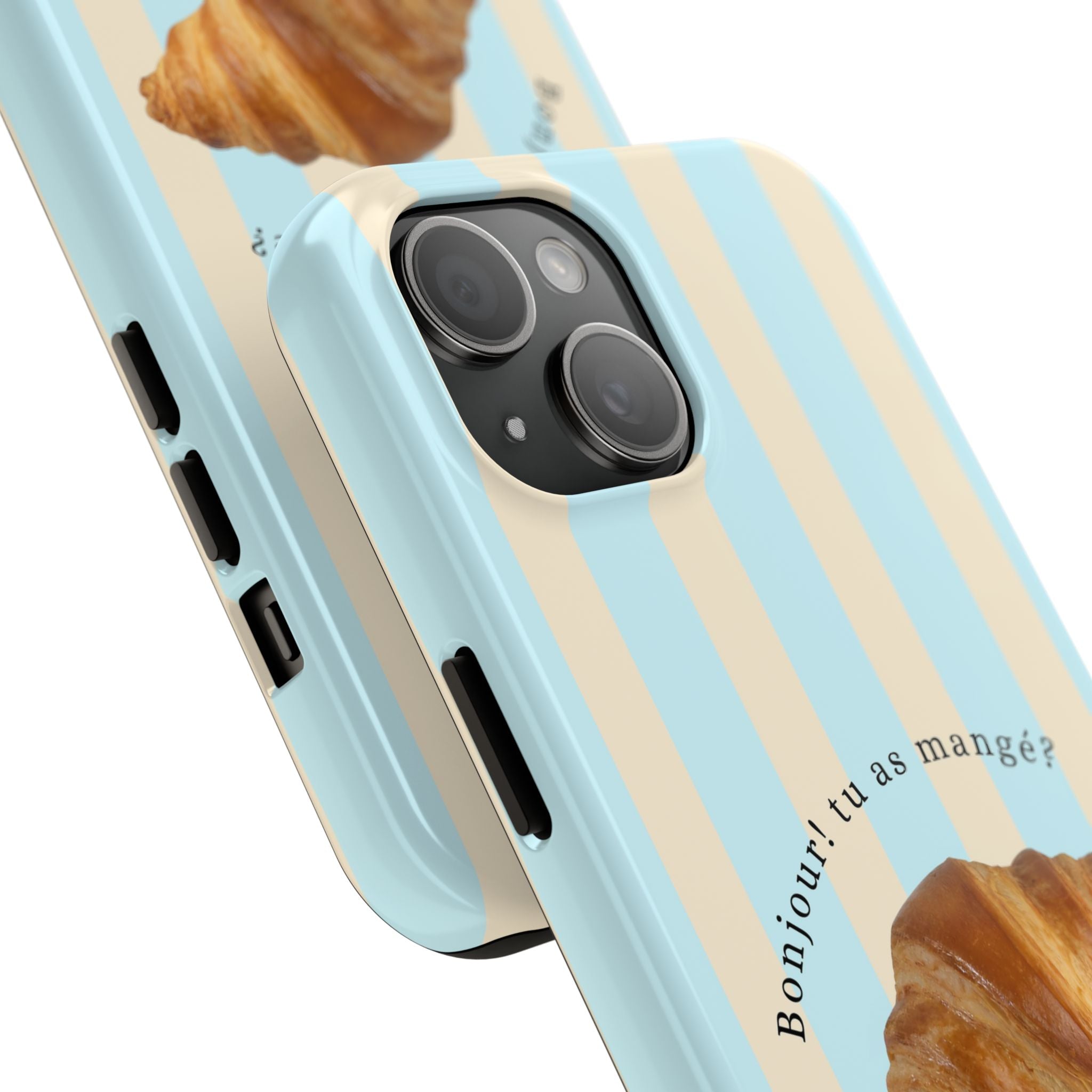 Pastel blue striped croissant iPhone case in coastal-preppy style.