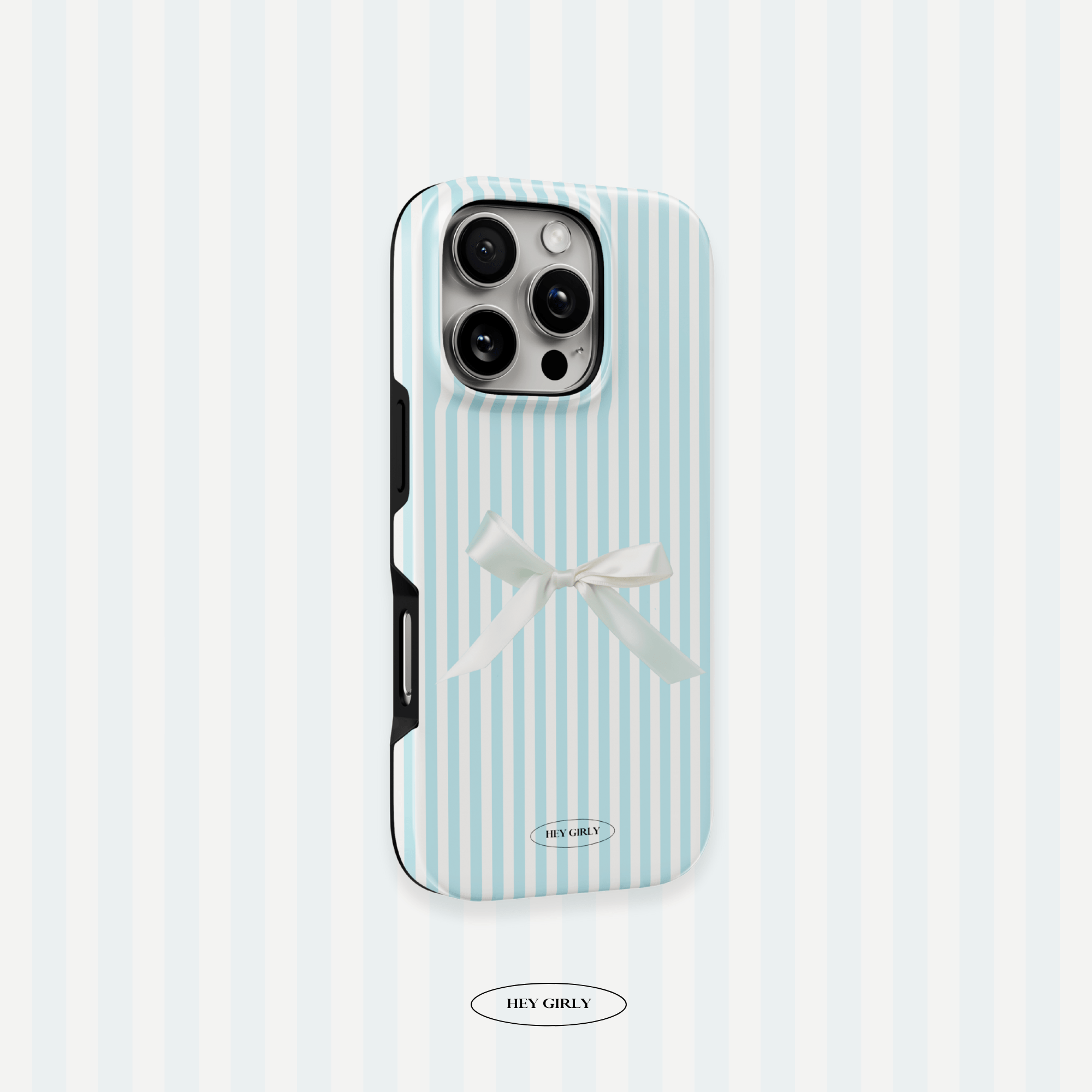 Glossy soft girl phone case with baby blue stripes