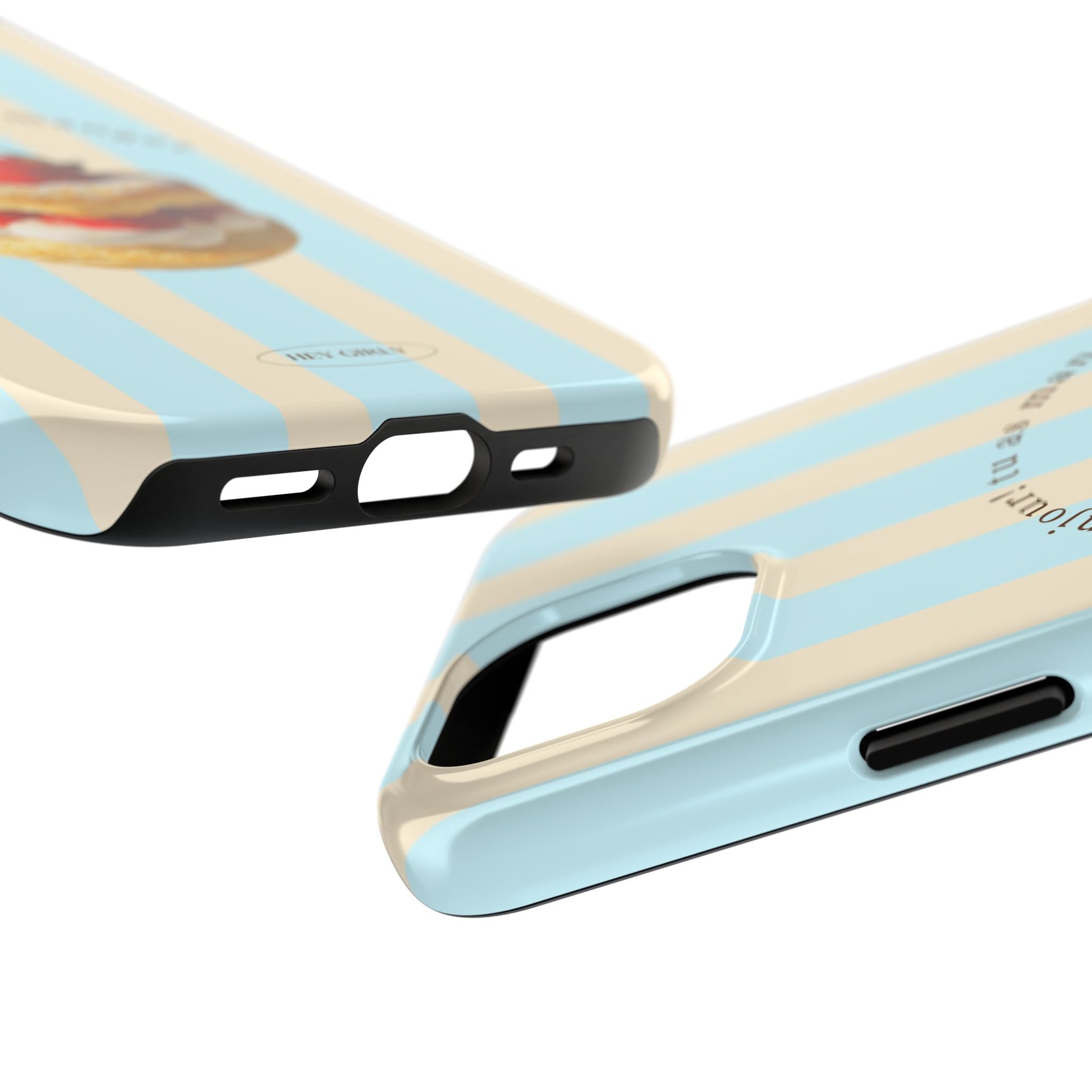 Two phone cases with a light blue and beige striped design on a white background.