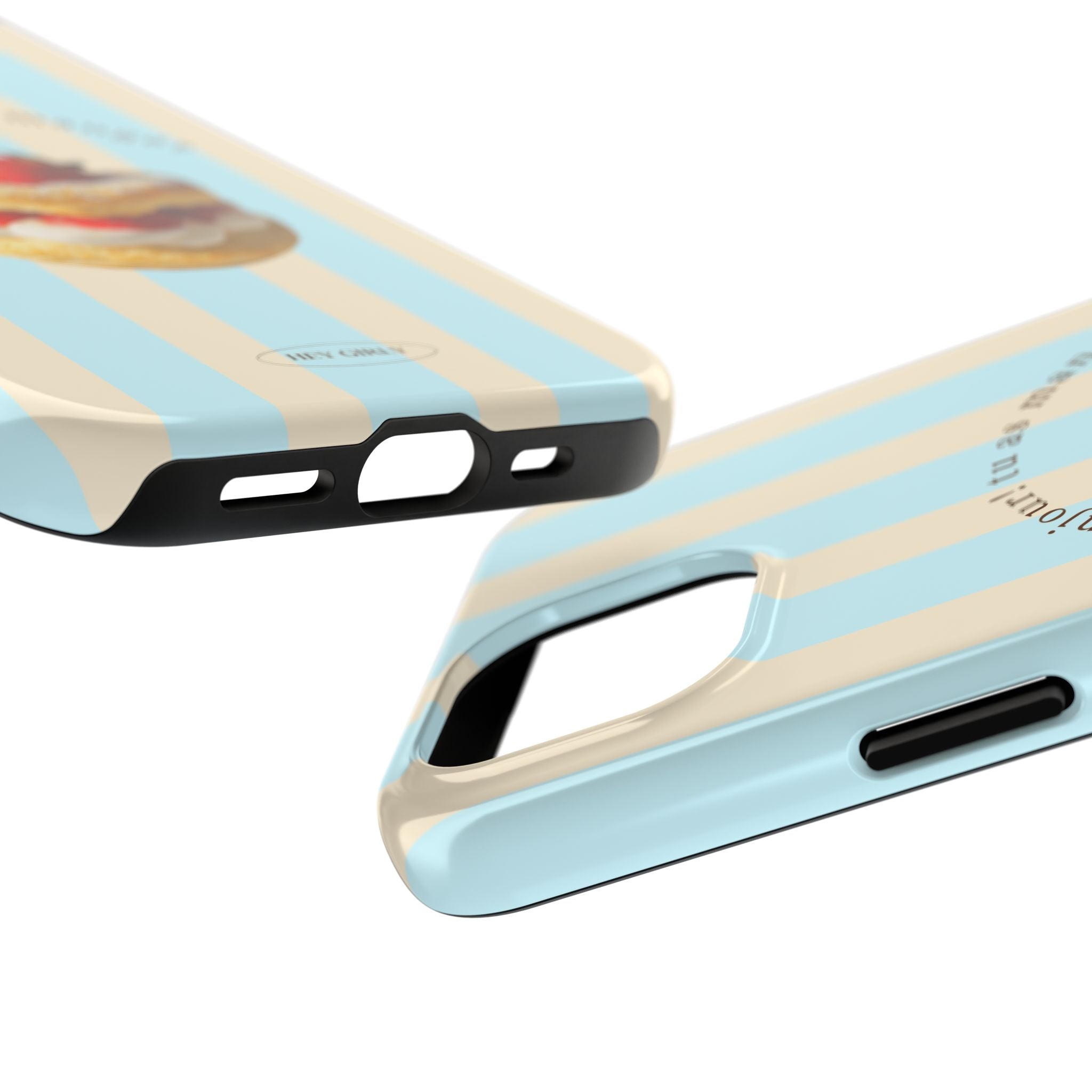 Two phone cases with a light blue and beige striped design on a white background.