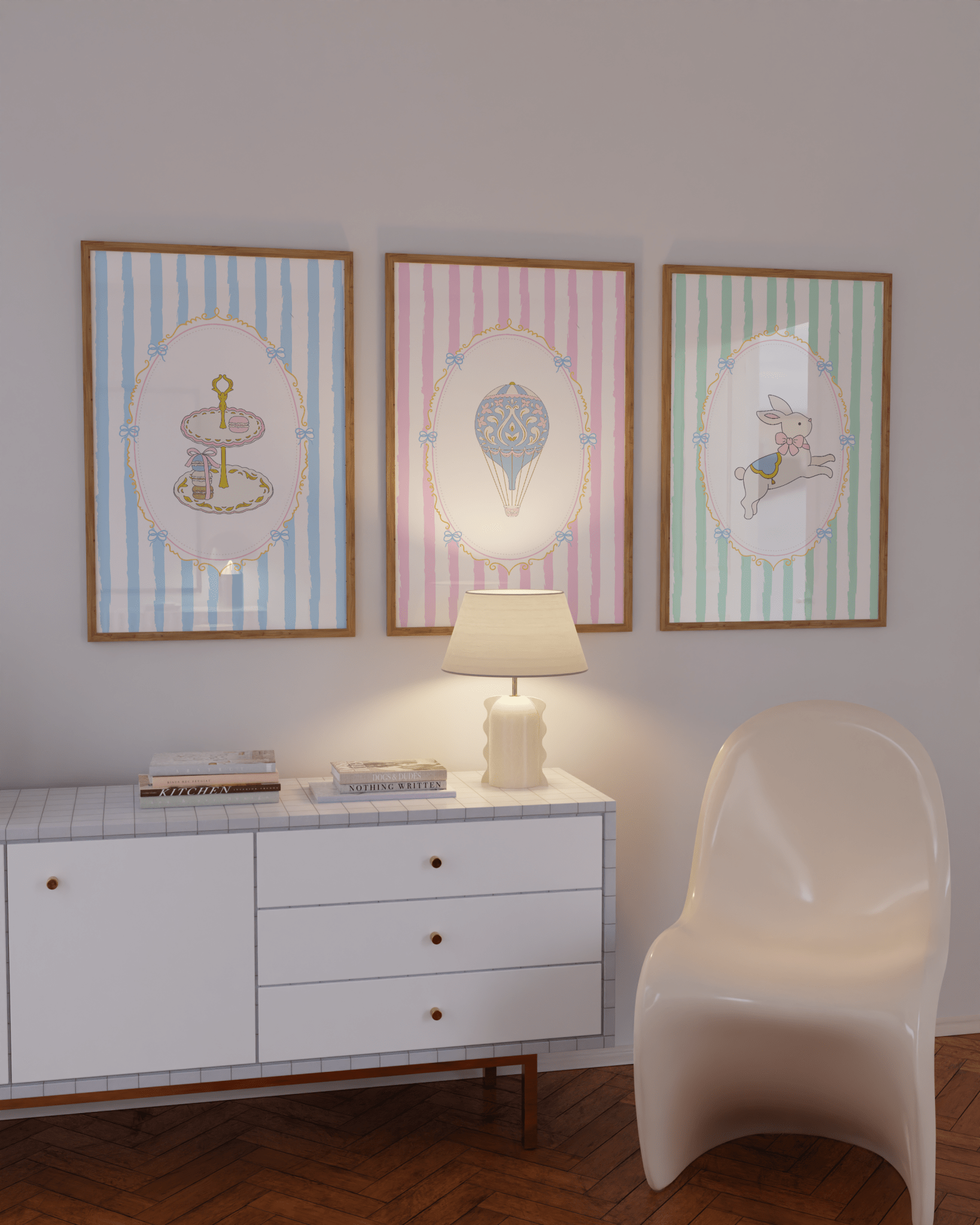 Pastel bunny and hot air balloon poster set in candy stripes