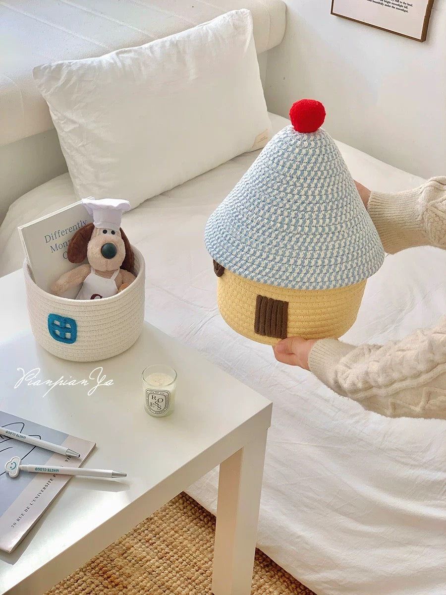 Cute white house-shaped storage box with red roof for kids' room