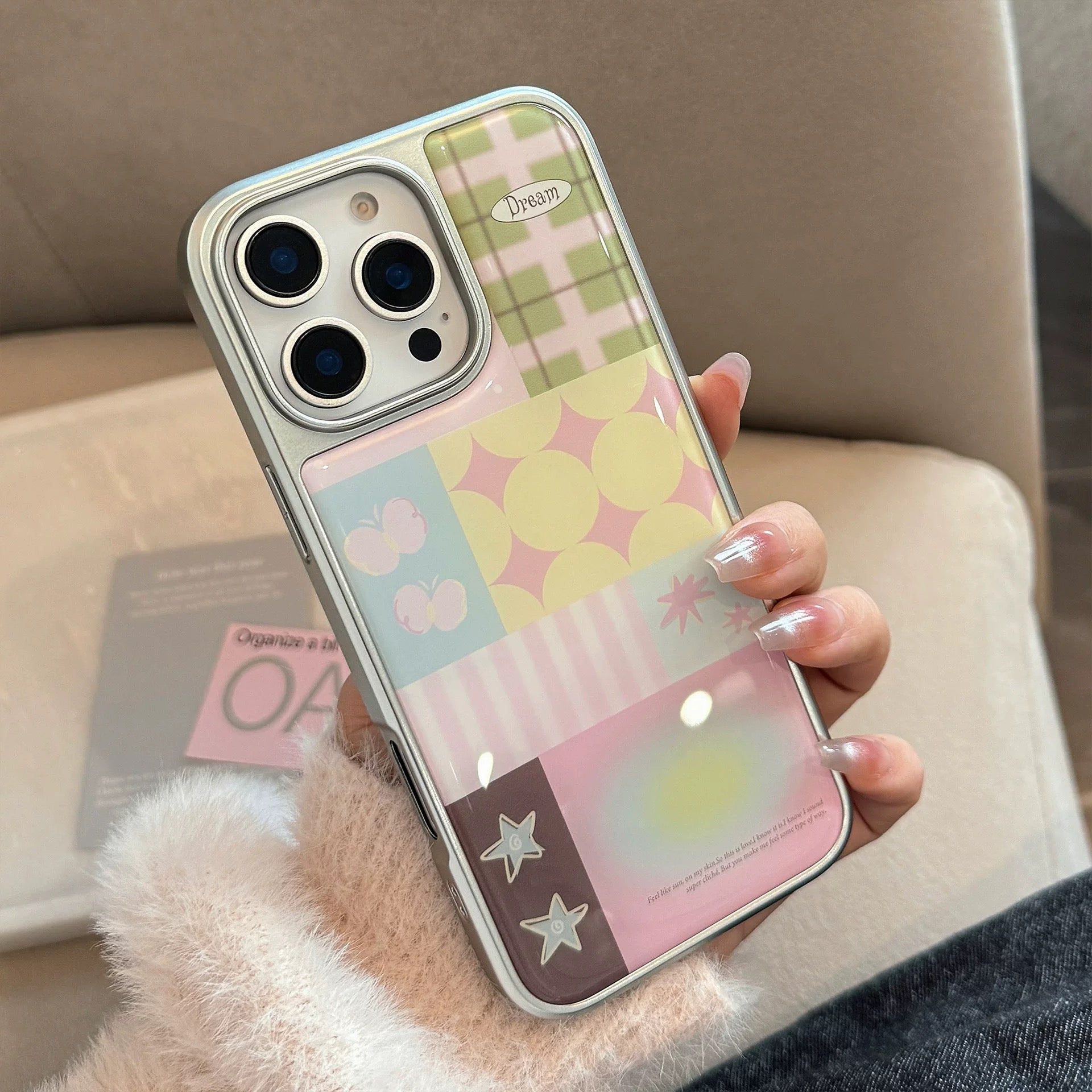 Glossy pastel iPhone case with colorful patchwork design and Korean soft girl aesthetic