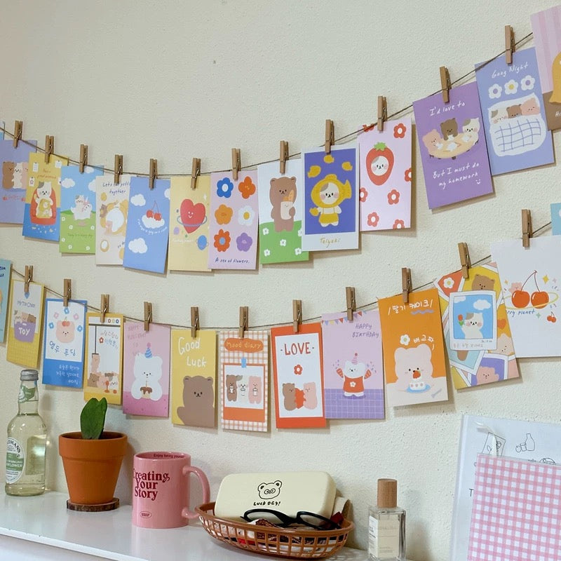 Whimsical Korean Ins postcards with rabbit and bear designs for gifting or DIY photo collages