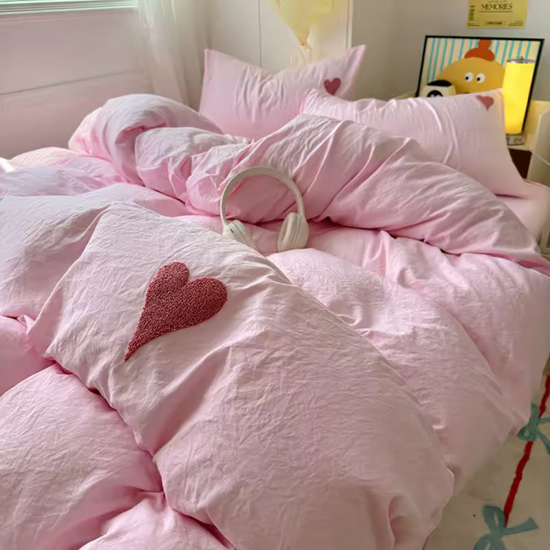 Aesthetic soft girl bedroom featuring kawaii pink cotton bedding