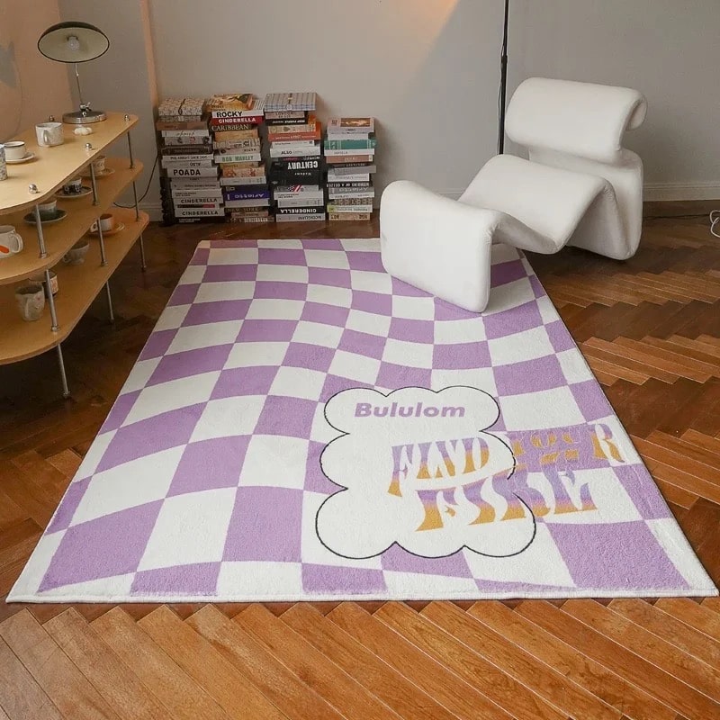 Retro Checkerboard Rug for Bedroom – Fluffy Danish Pastel Plaid Carpet