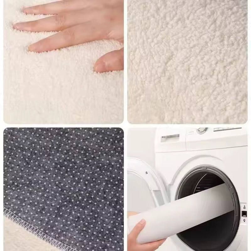 Collage of a textured fabric, close-up of hand touching fabric, patterned fabric with dots, and a washing machine.