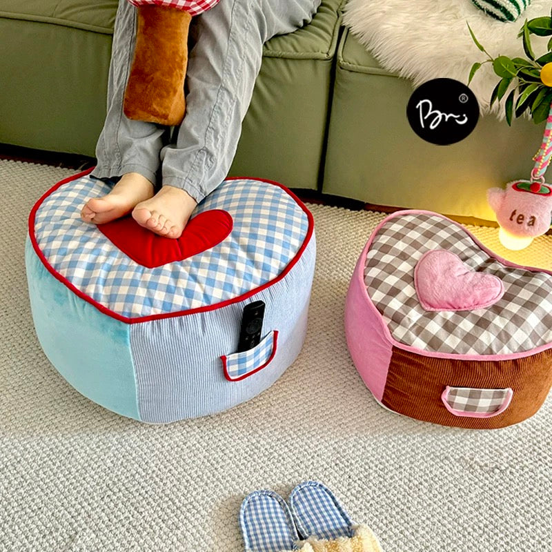 Aesthetic heart pouf floor cushion for pastel Canadian home styling.
