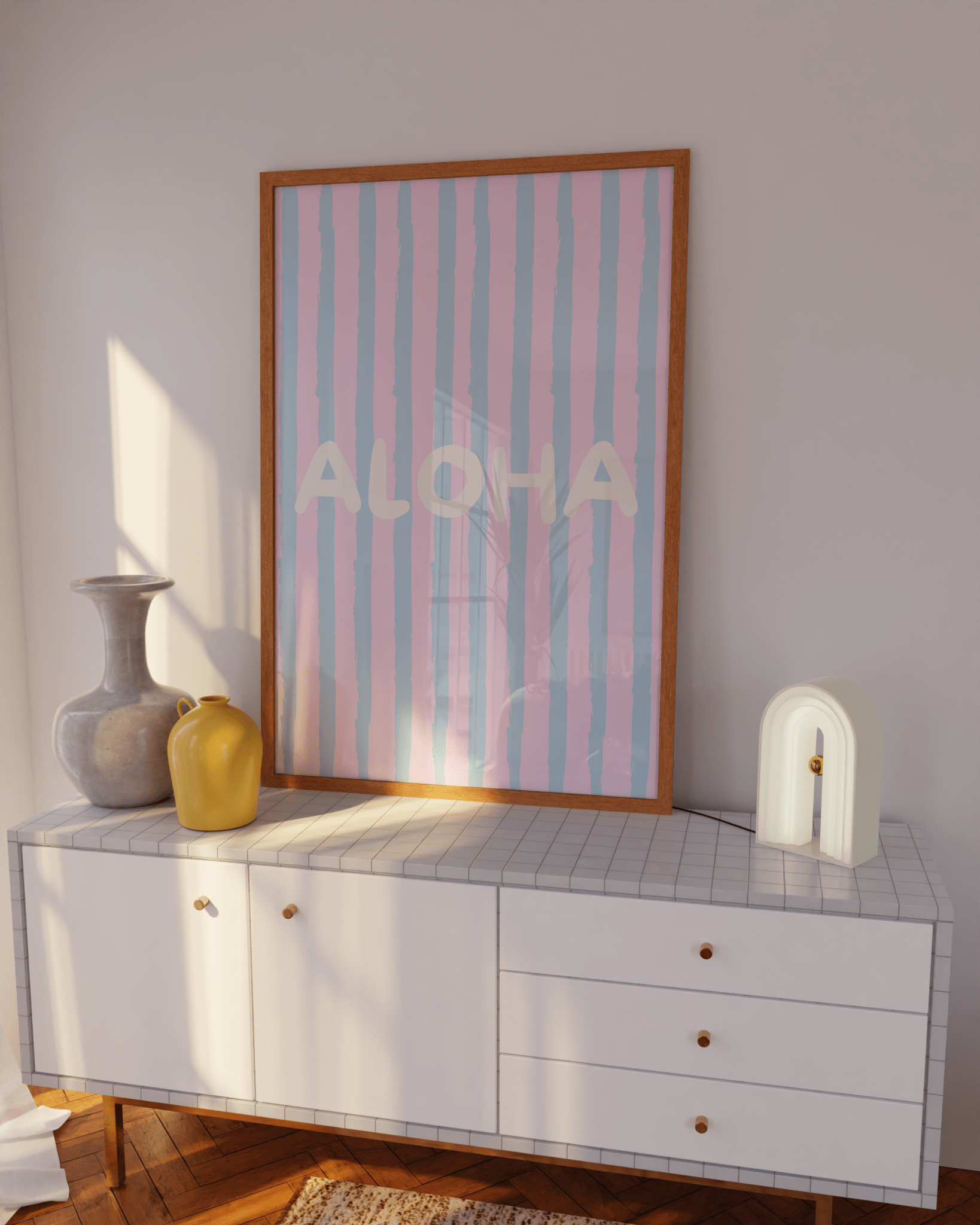 ALOHA pink and blue printable poster for summer dorm makeover or travel-themed walls