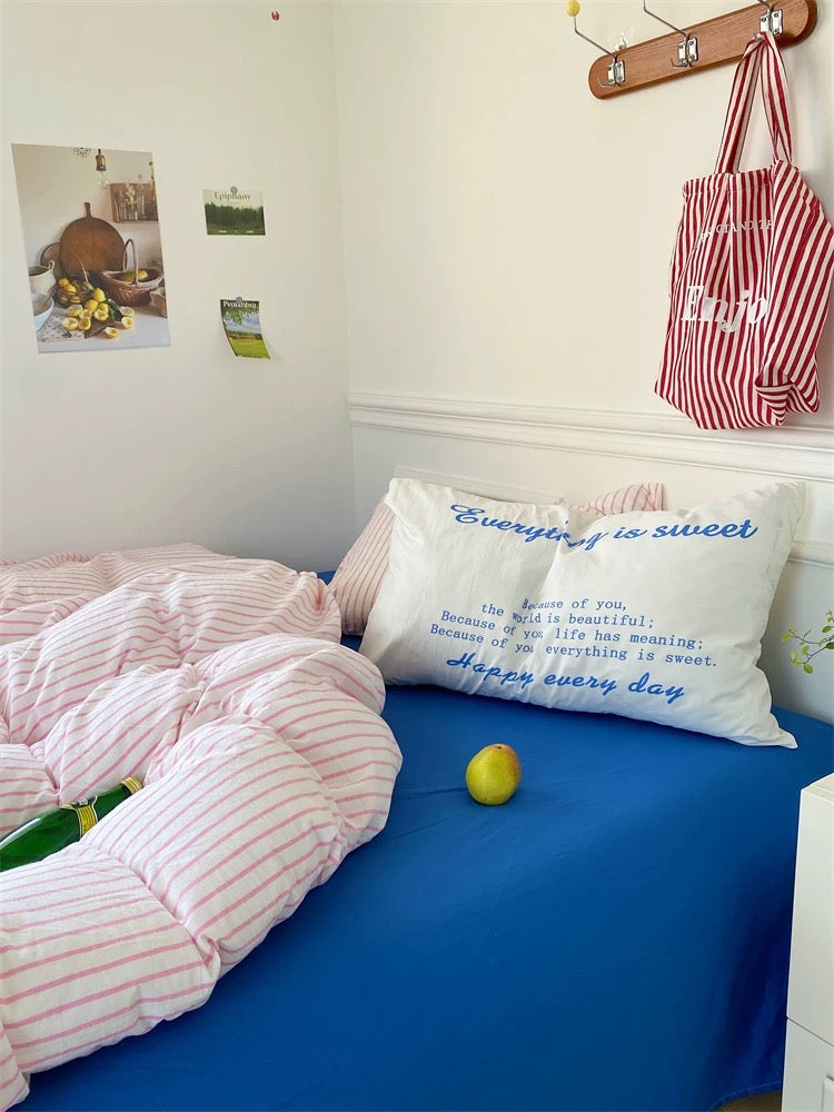 Bedroom with pink striped bedding, blue blanket, and pillows with text.