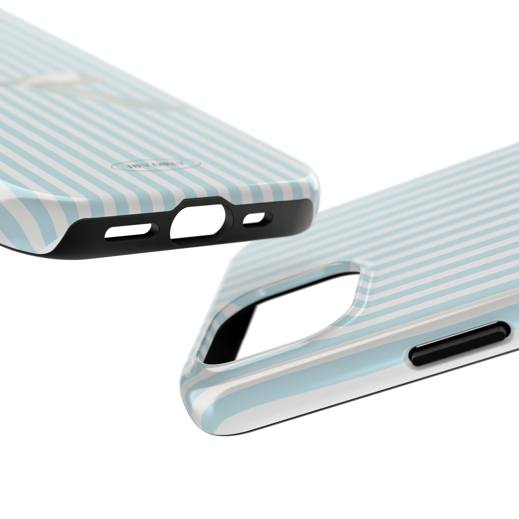 Two phone cases with blue and white striped design on a white background