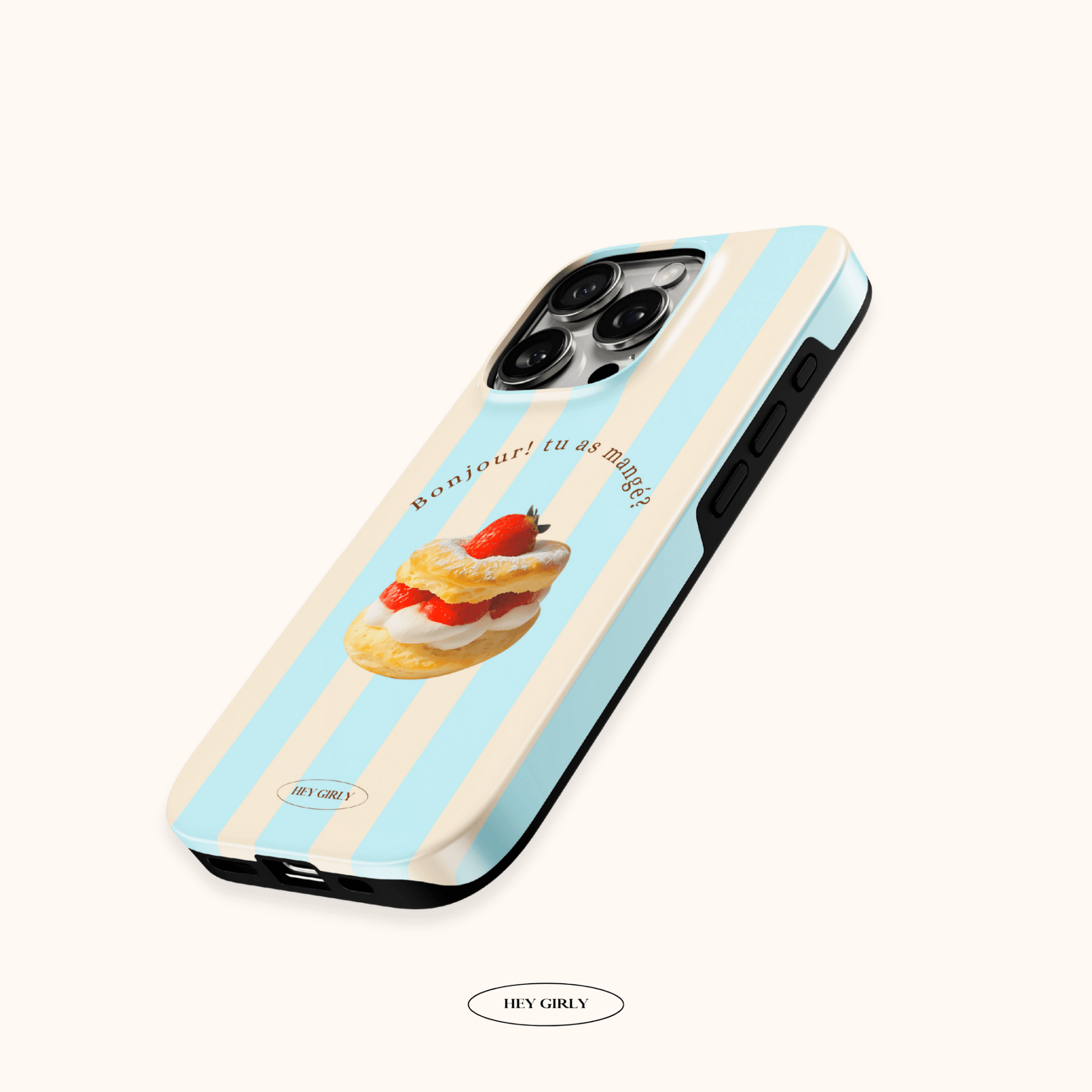 Phone case with dessert design and 'Hey Gilly' branding on a white background