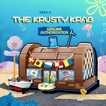 Krusty Krab building blocks model with Squidward and Patrick Star figurines