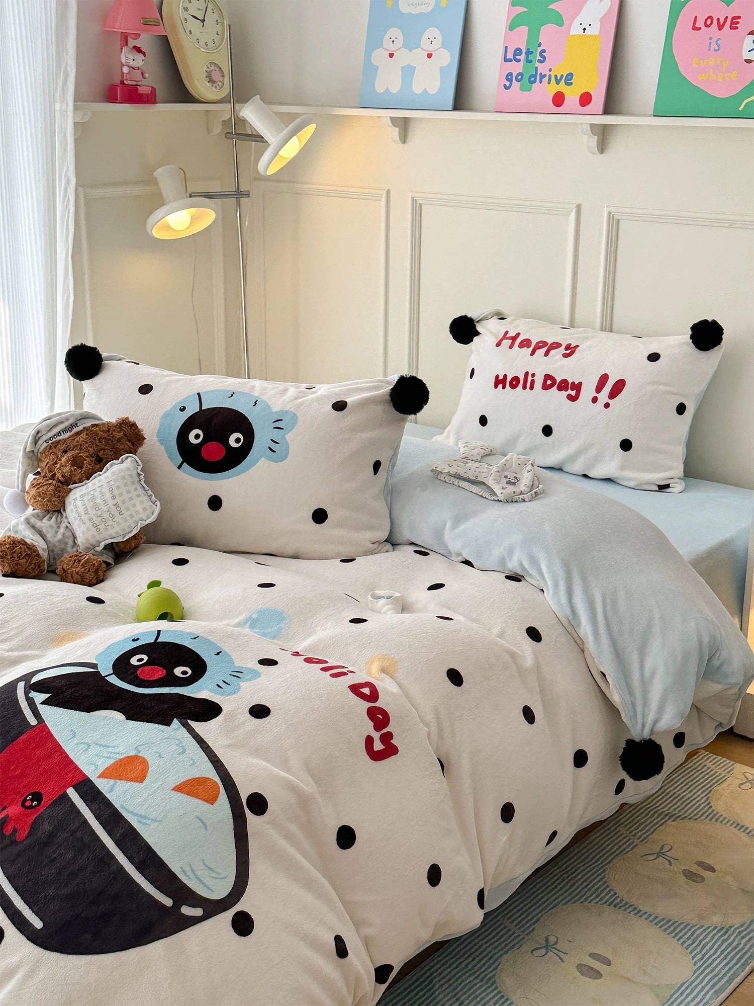 Penguin fleece duvet cover set with polka dots styled for cozy winter bedroom decor