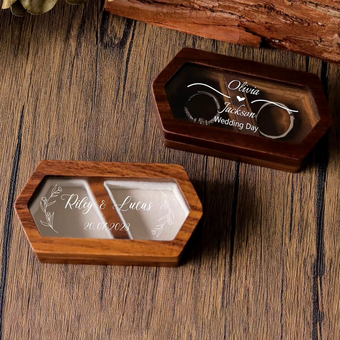 Personalized wooden ring box with custom engraving