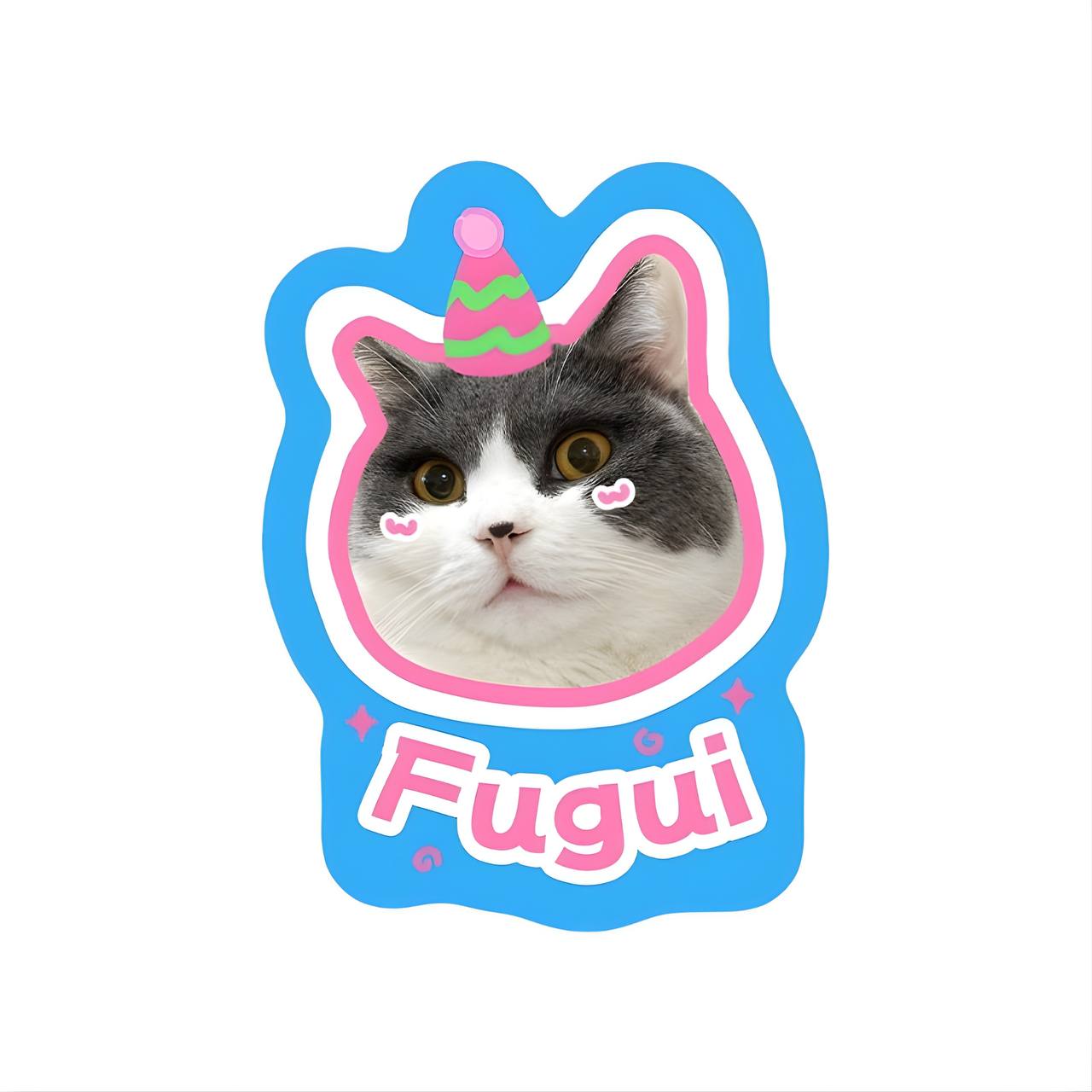 Sticker of a cat wearing a party hat with 'Fugui' text on a white background
