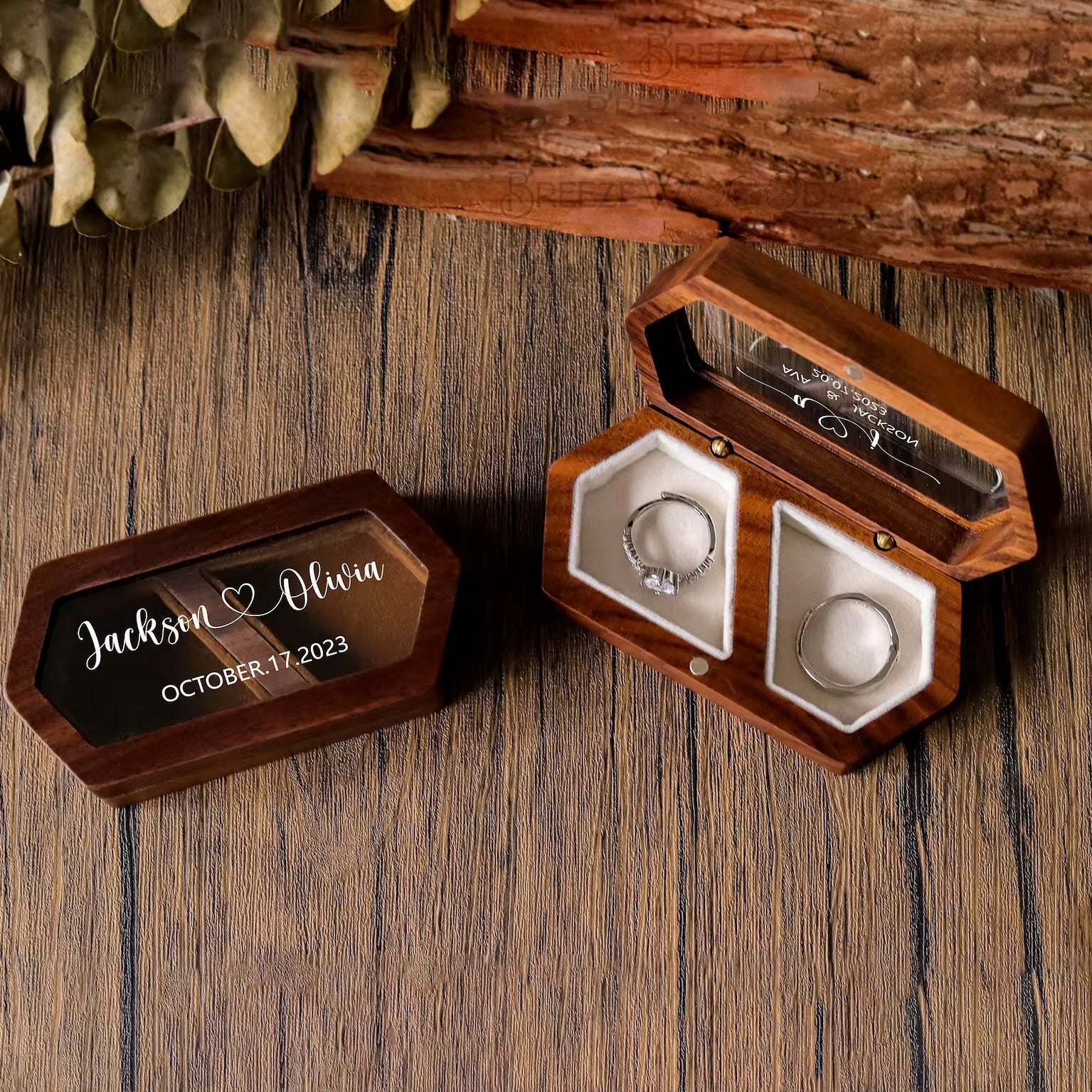 Personalized wooden ring box with custom engraving