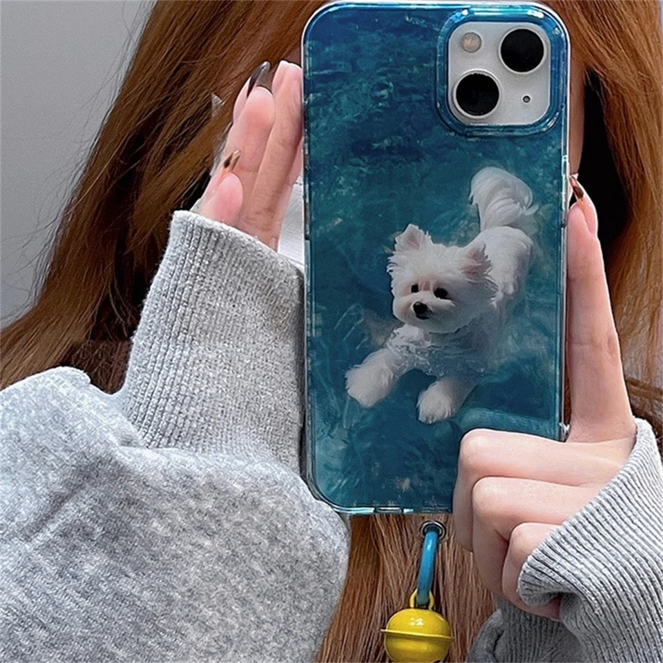 Cute Dog iPhone Case with water ripple effect and bell pendant for pet lovers