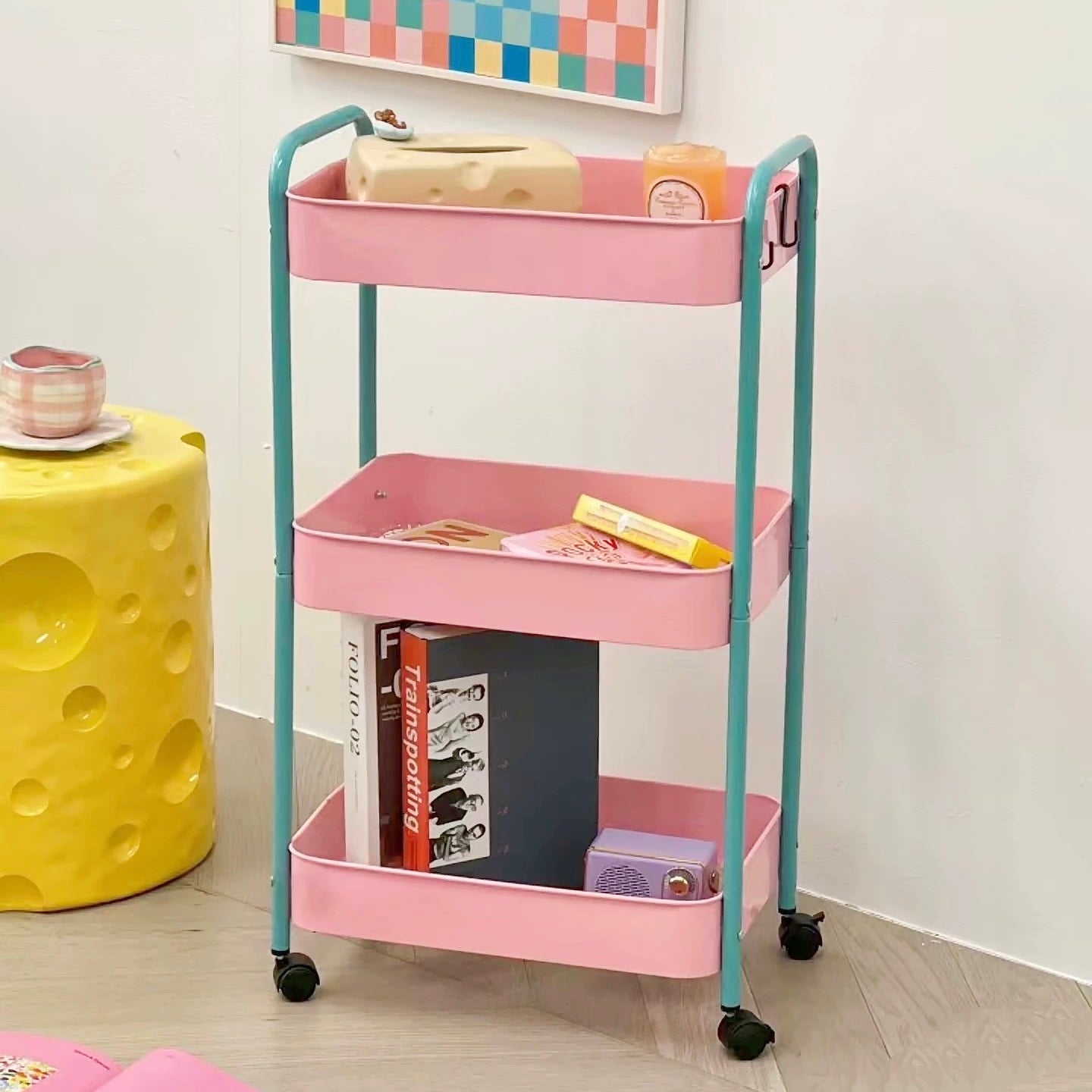 Pink 3-layer storage shelf with rolling wheels for home use