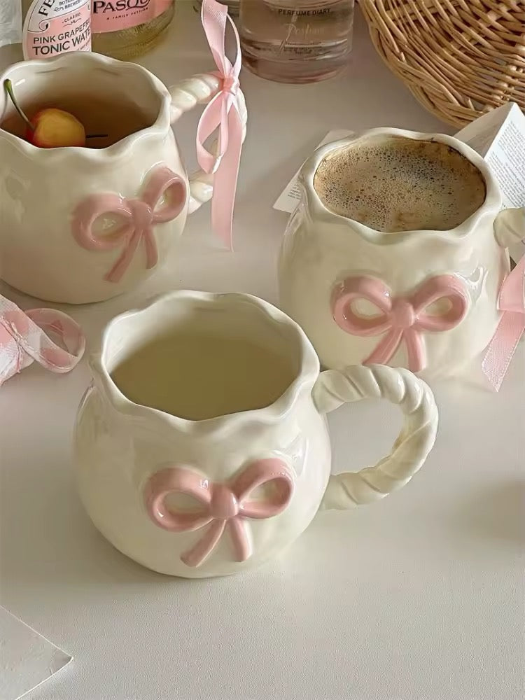 French cream relief mug with soft girl aesthetic pink design