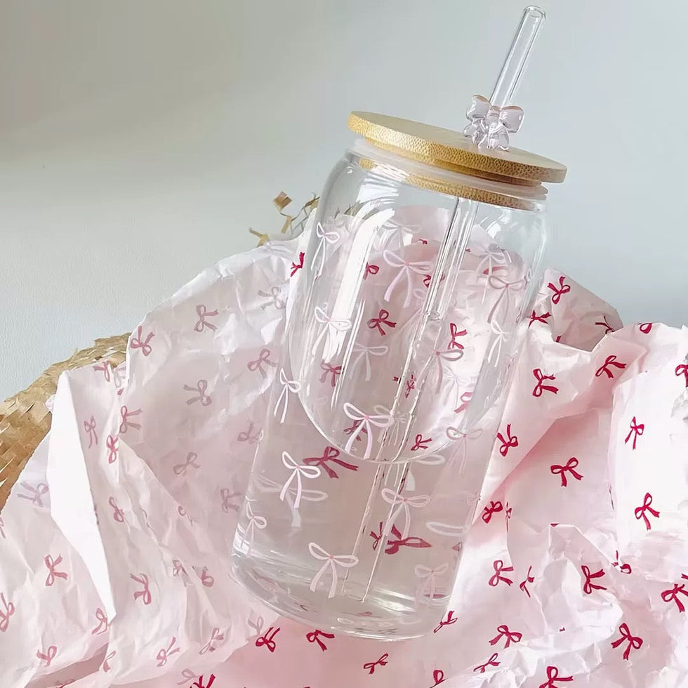 Pink Bow Cup | Trendy Coquette Glass Tumbler with Bamboo Lid – The Feelz