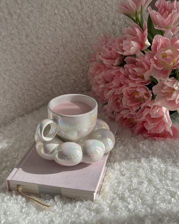 Pink bubble mug set with sunflower decorative saucer