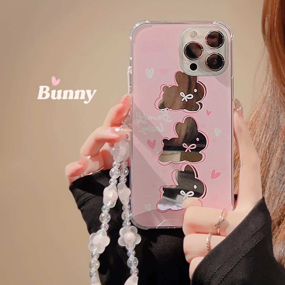 Pink bunny mirror iPhone case with lanyard and hand strap