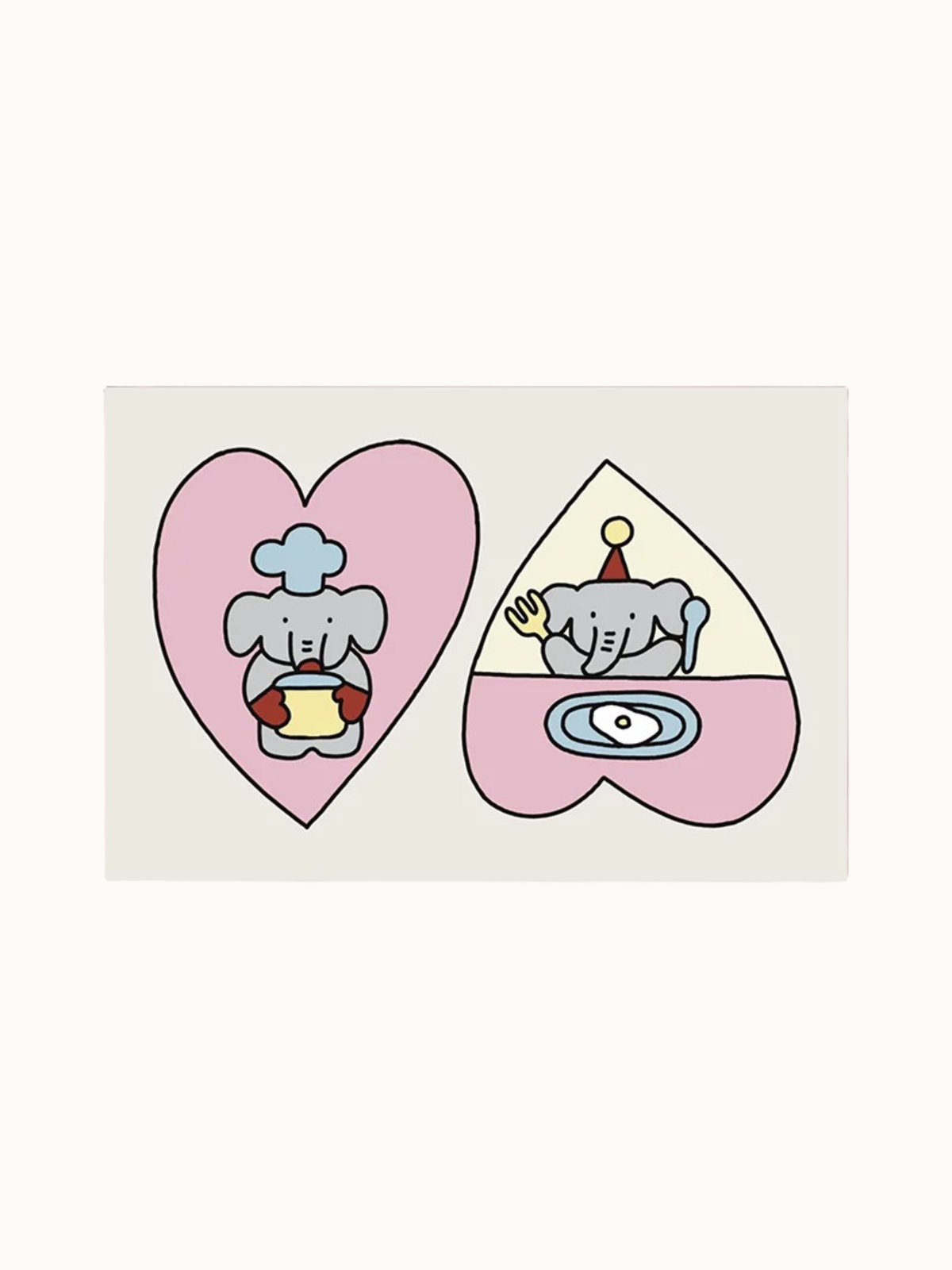 A pink cartoon elephant rug design shows two heart panels, a cooking pot, a plate and outlined characters.
