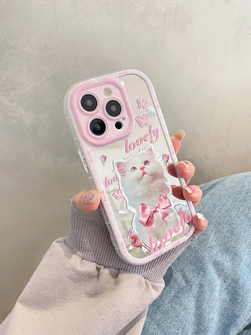 Pink Cat iPhone Case with Bow | Coquette Mirror Phone Cover The Feelz Pink Cat iPhone Case with Bow | Coquette Mirror Phone Cover The Feelz