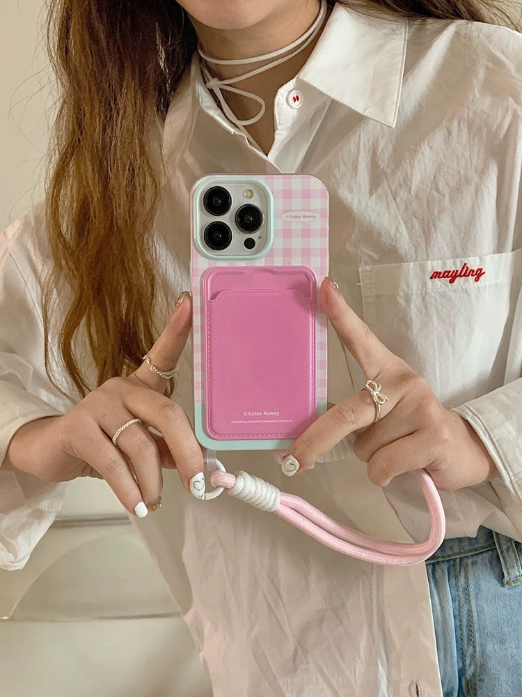 Sweet Pink Checkered iPhone Case with wallet feature