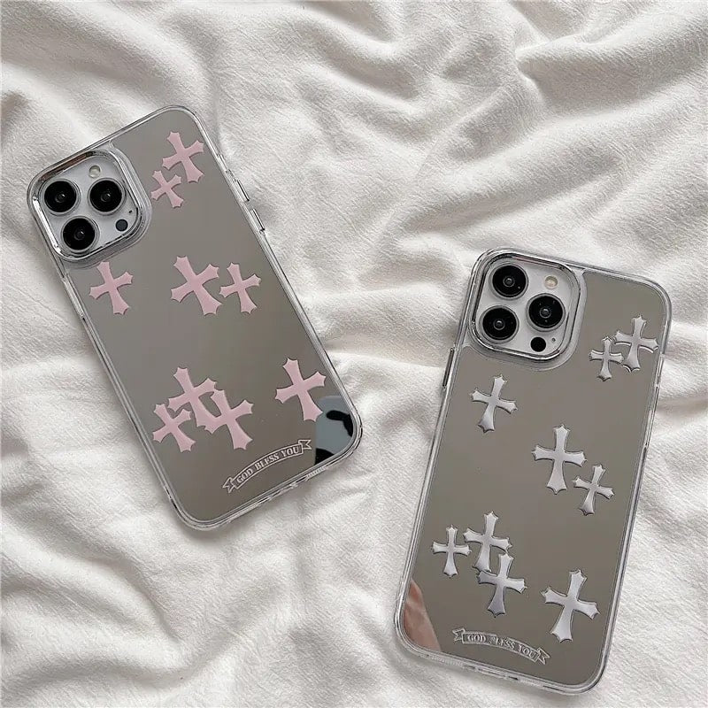 Pink Cross Mirror Gothic iPhone Case – Y2K Aesthetic