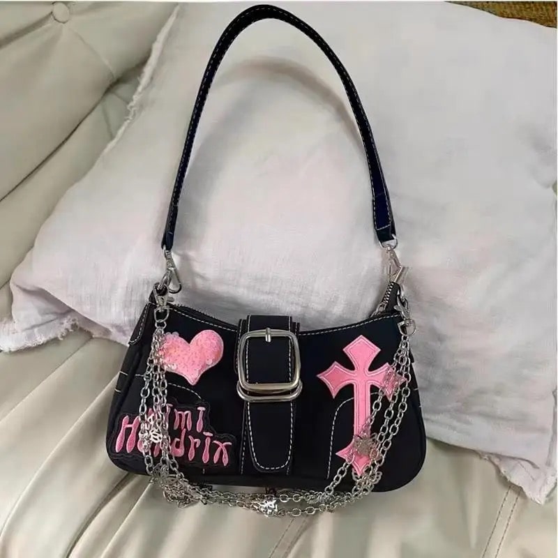 Pink Crossbody Bag with Cross Heart Pattern