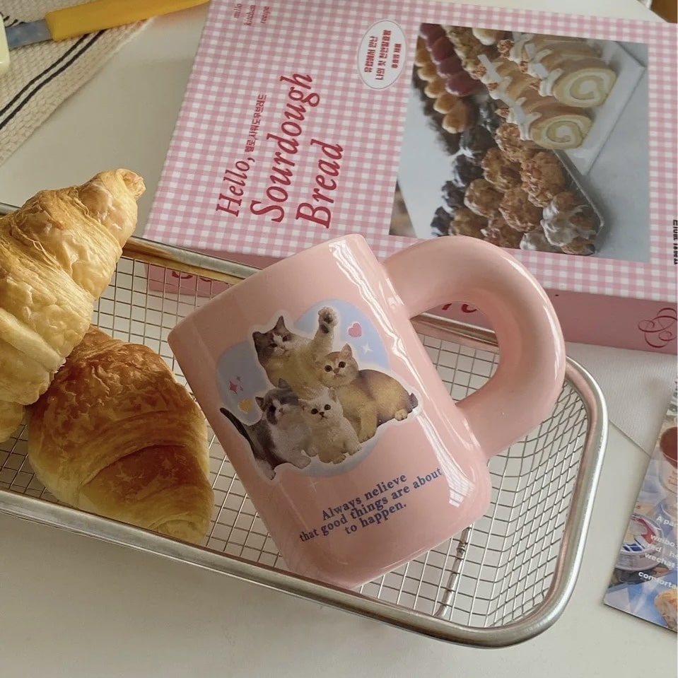 Pink Cute Kitten Mug – Ceramic Chubby Handle Coffee Tea Cup