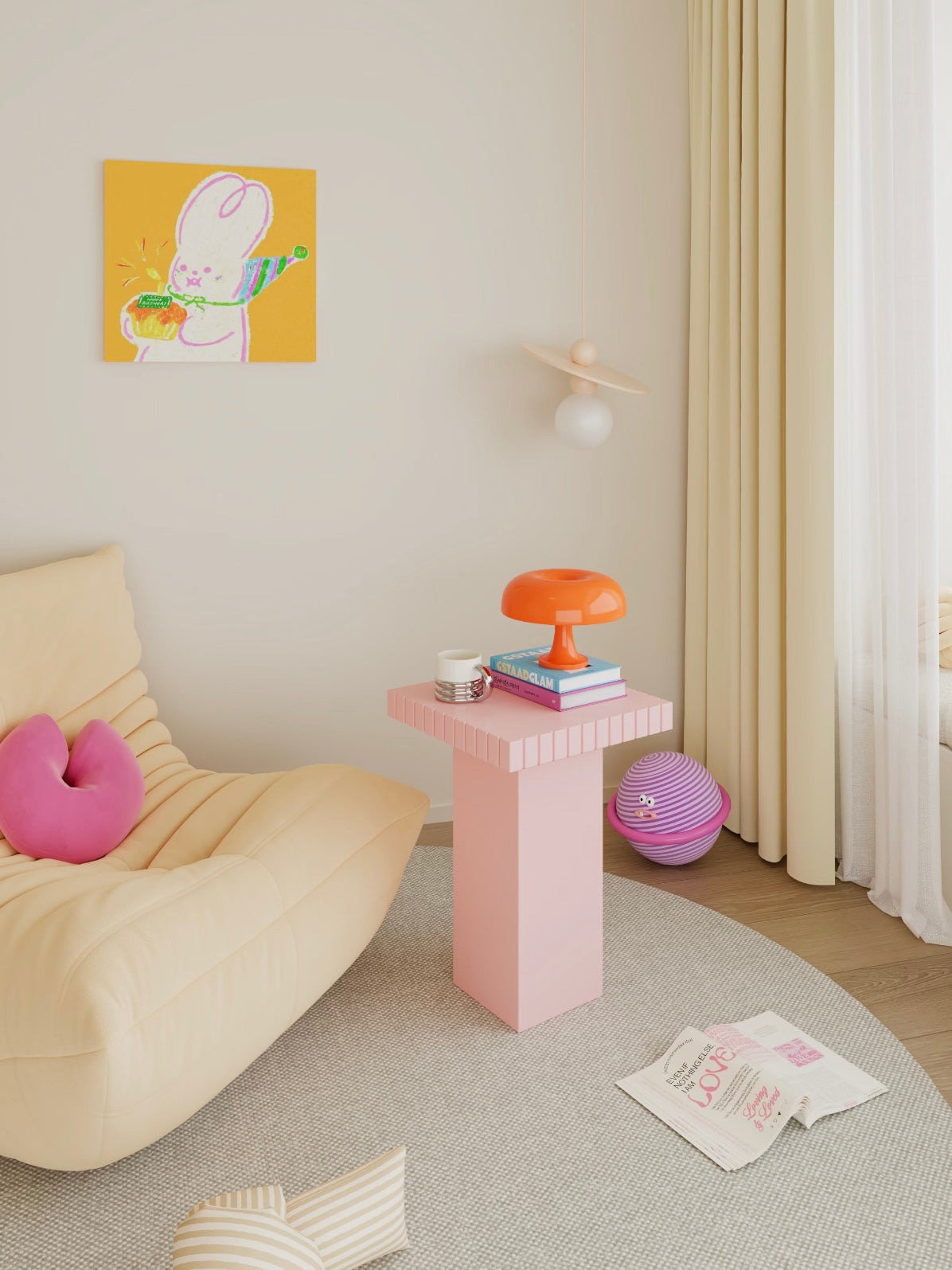 Pink end table in a cream room beside a chair and a yellow wall print