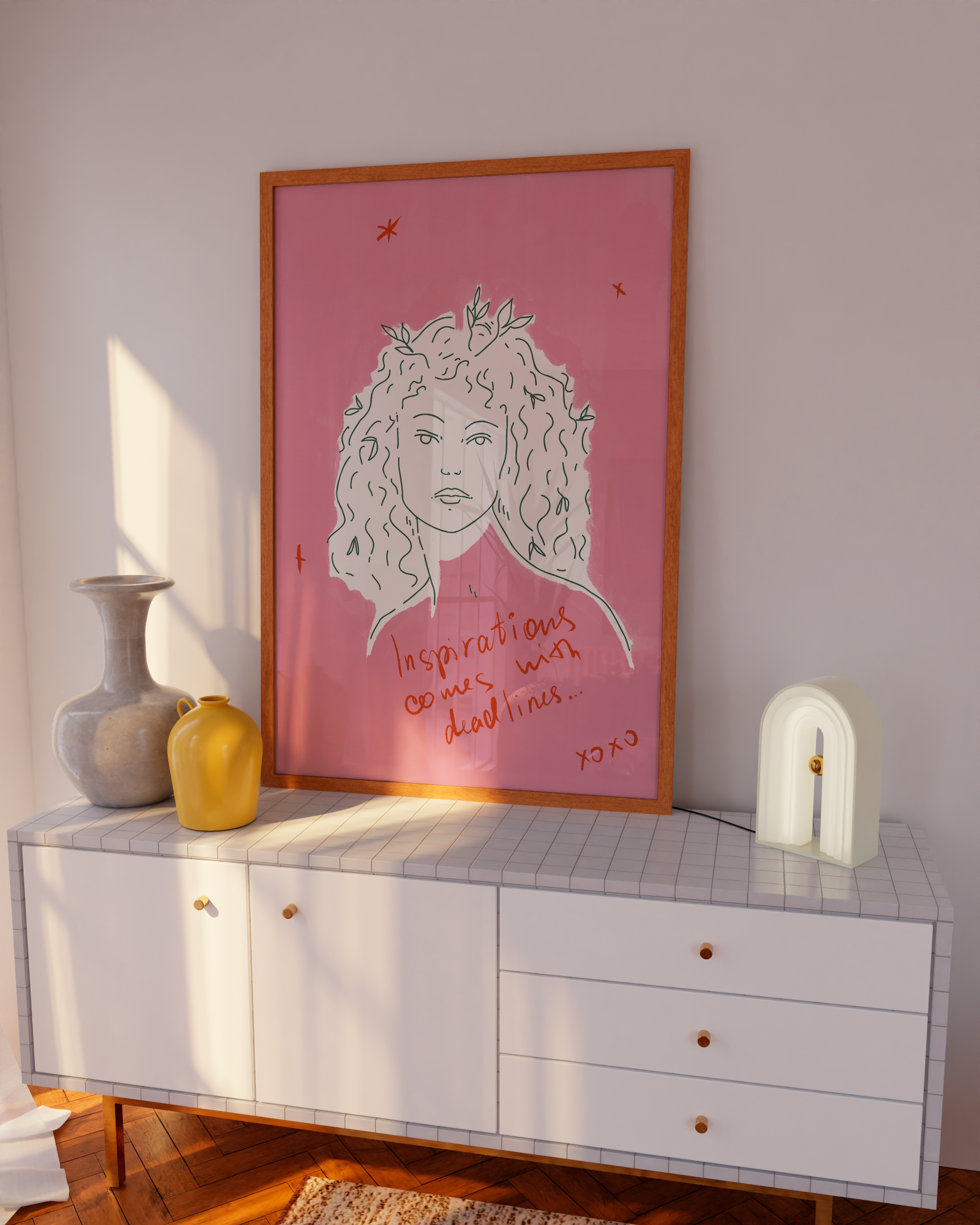 Line drawing of a girl with the quote about deadlines, perfect for students and creatives.