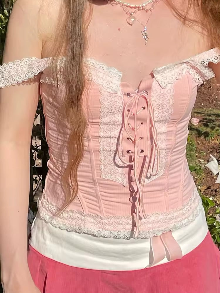 Pink Lolita-style crop top with lace trim and Y2K aesthetic charm for women